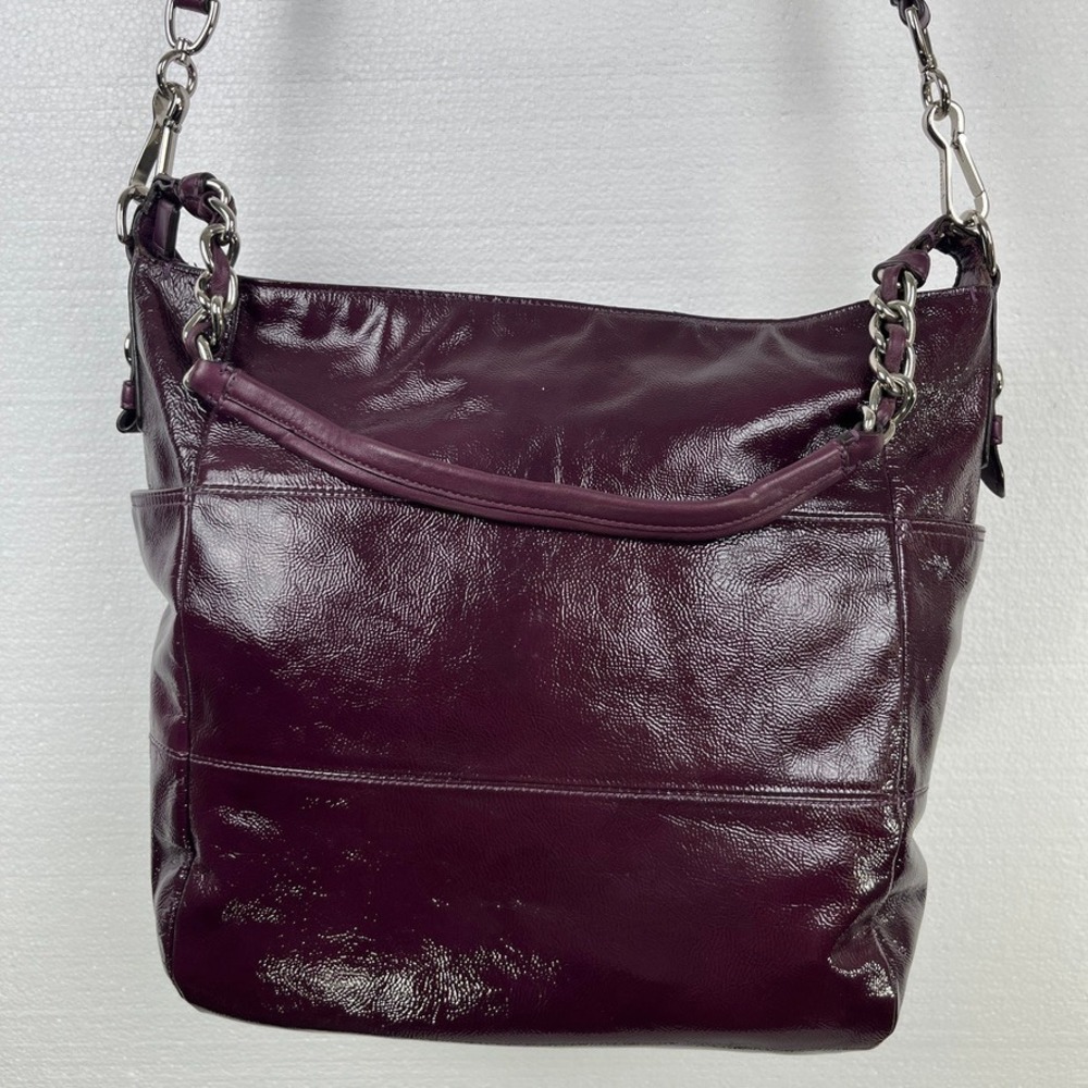 Coach‎ Burgundy Patent Leather Chain Hobo Convertible Shoulder Crossbody Bag - Picture 14 of 16